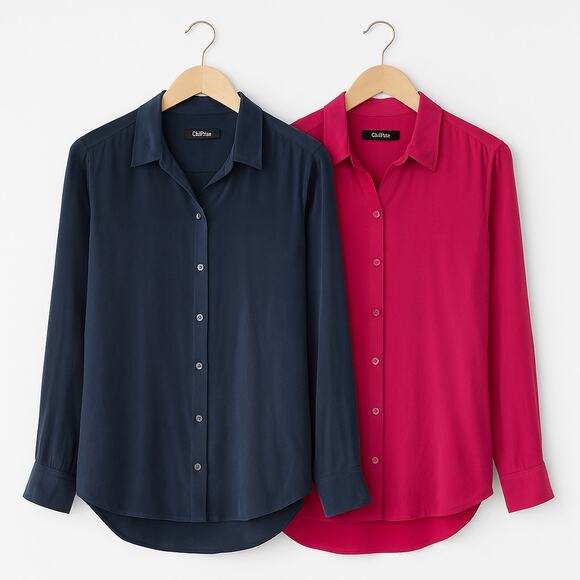QUINCE Washable Silk Stretch Blouse Lot of 2 – Navy & Fuchsia, Size M - Picture 1 of 11